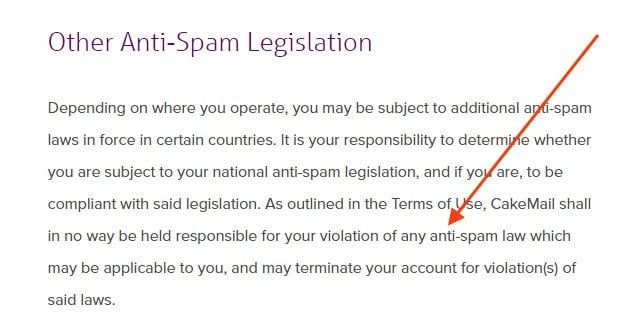 Cakemail Anti-Spam Policy: Other Anti-Spam Legislation clause with liability waiver highlighted
