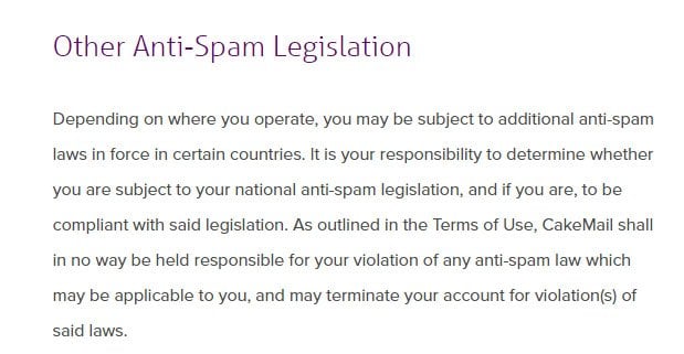 Cakemail Anti-Spam Policy: Other Anti-Spam Legislation clause