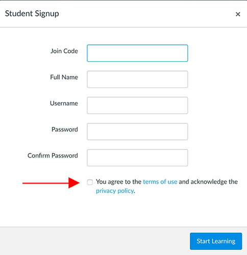 Canvas: Sign up form with clickwrap agree to ToU and acknowledge Privacy Policy example