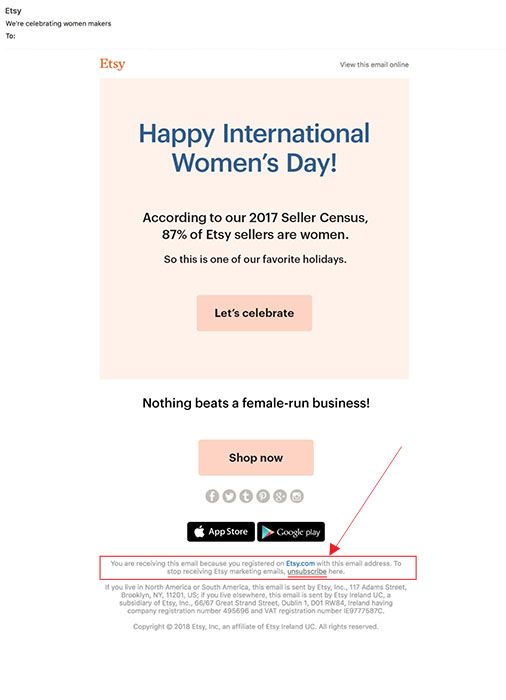 Etsy email showing unsubscribe link