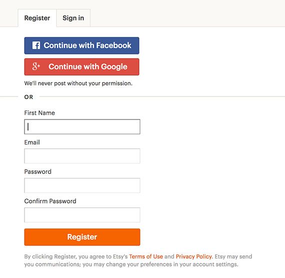 Etsy registration form