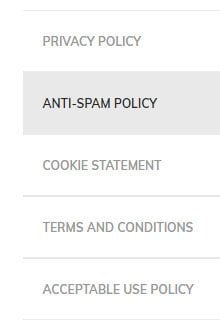 Flexmail Legal Agreements menu with Anti-Spam Policy highlighted