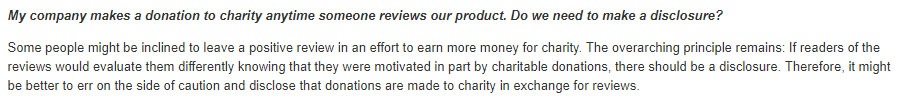 &quot;FTC Endorsement Guides: What People are Asking&quot; section addressing disclosing donations to charity for reviews