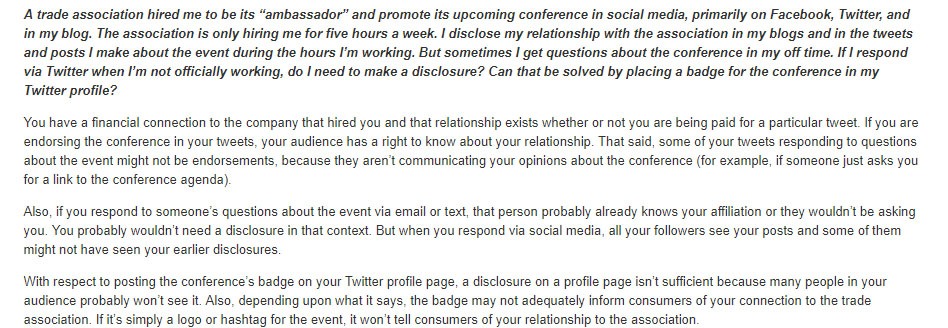 &quot;FTC Endorsement Guides: What People are Asking&quot; section addressing disclosing relationship as a company ambassador