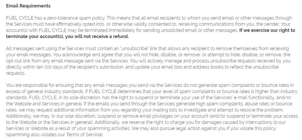 Fuel Cycle Anti-Spam Policy: Email Requirements clause