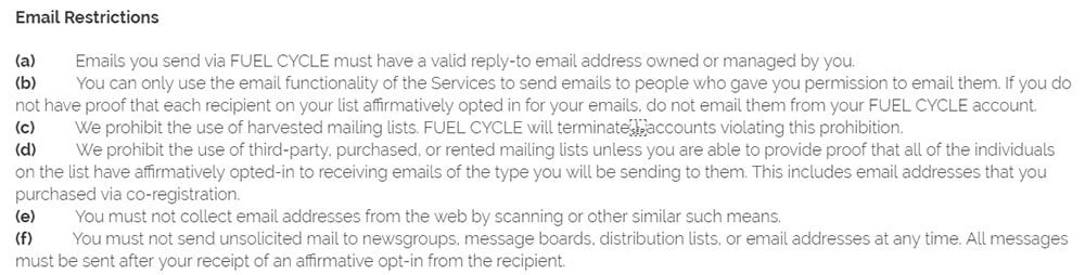 Fuel Cycle Anti-Spam Policy: Email Restrictions clause