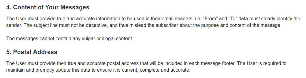 GetResponse Anti-Spam Policy: Content of Messages and Postal Address clauses