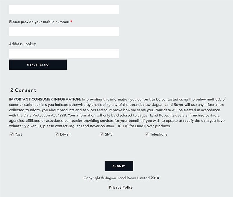 Land Rover contact form with pre-checked boxes