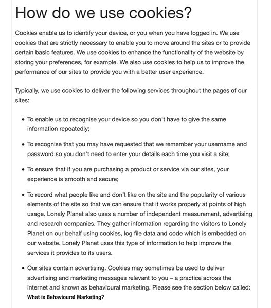 Lonely Planet Privacy Policy: How do we use cookies clause