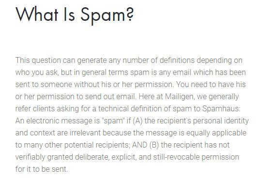 Mailigen Anti-Spam Policy: What is Spam? Clause