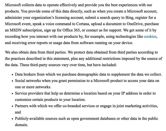 Microsoft Privacy Policy: How Data is Collected clause