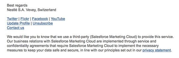 Nestle email footer showing unsubscribe link and a third-party disclosure