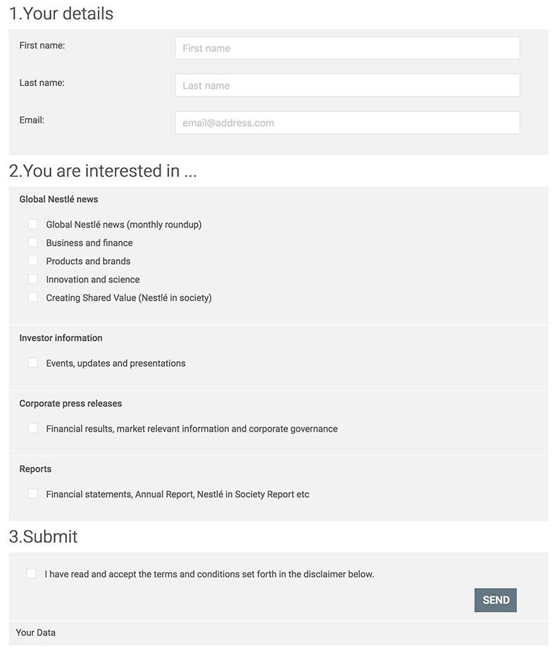 Nestle's marketing signup form with checkboxes for consent