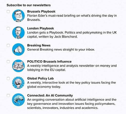 List of newsletters from Politico with checkboxes for opting in