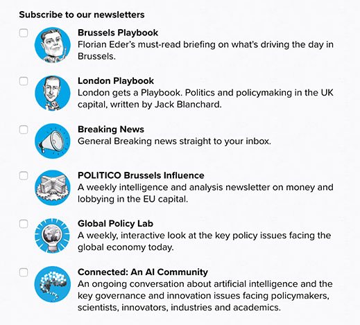 List of newsletters from Politico with checkboxes for opting in