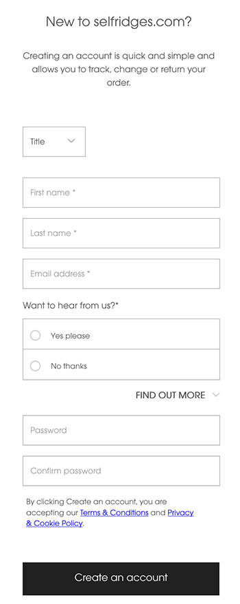 Selfridges create an account form with opt-in for communication