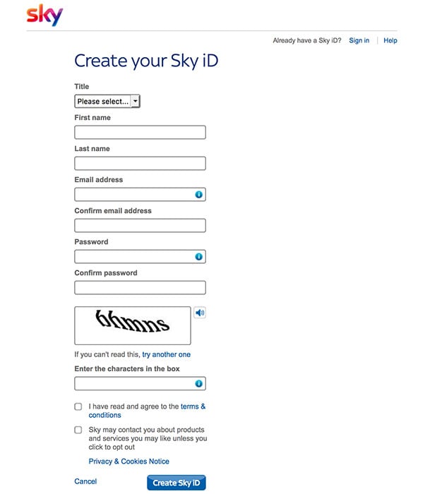 Sky Telecommunications sign-up form with consent checkboxes