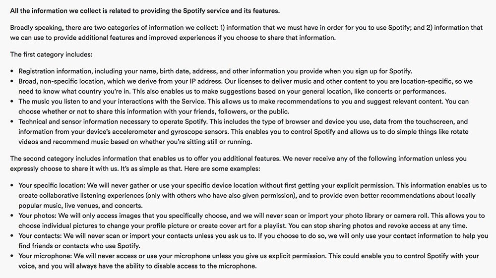 Spotify Privacy Policy: Information collected clause