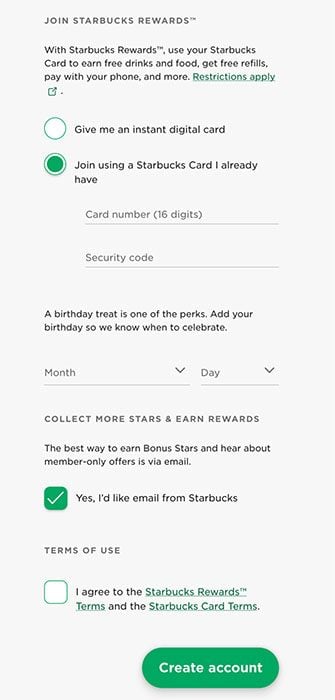 Starbucks create an account form