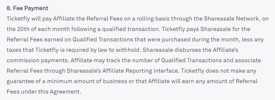 Ticketfly Terms and Conditions: Fee Payment clause