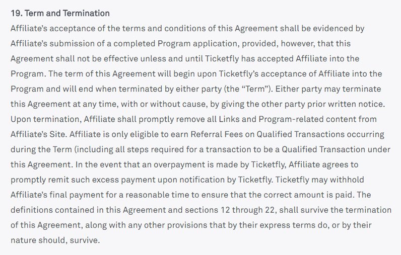Ticketfly Terms and Conditions: Term and Termination clause