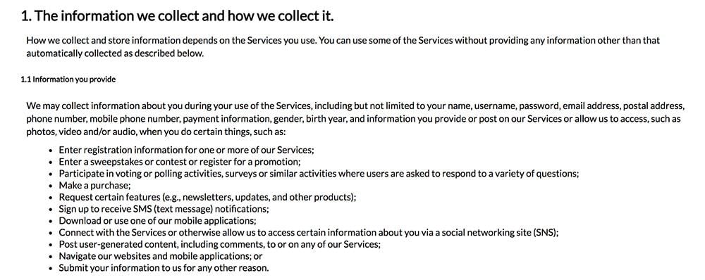 Tronc Privacy Policy: Information we collect and how we collect it clause