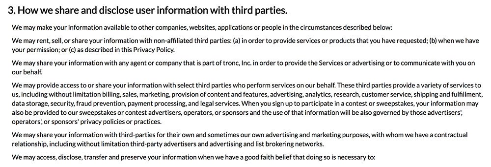 Tronc Privacy Policy: How we share and disclose information with third parties clause