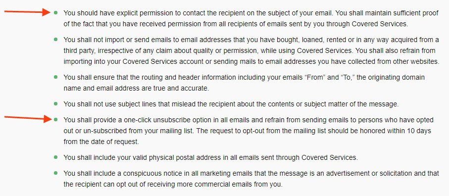Zoho Anti-Spam Policy email requirements with Opt-in and Unsubscribe highlighted
