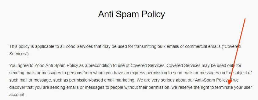 Zoho Anti-Spam Policy intro maintaining the right to terminate accounts