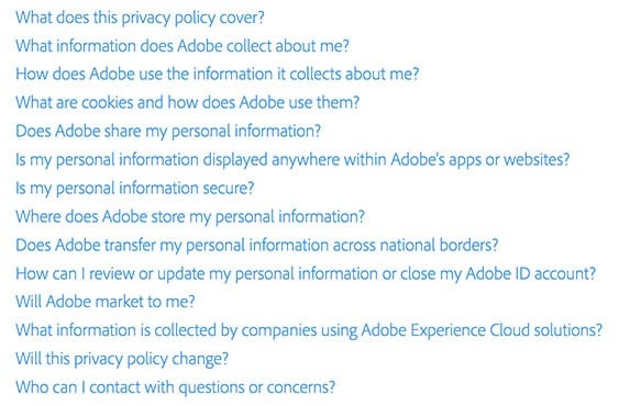 Adobe Privacy Policy table of contents