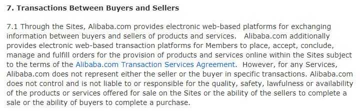 Alibaba Terms and Conditions: Transactions Between Buyers and Sellers clause