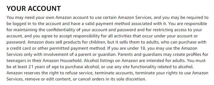 Amazon Conditions of Use: Your Account clause covering Termination