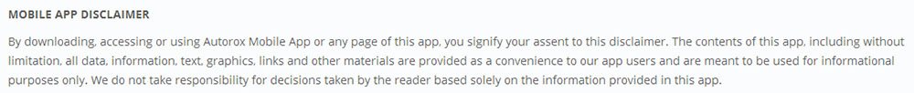 Autorox Mobile App Disclaimer intro