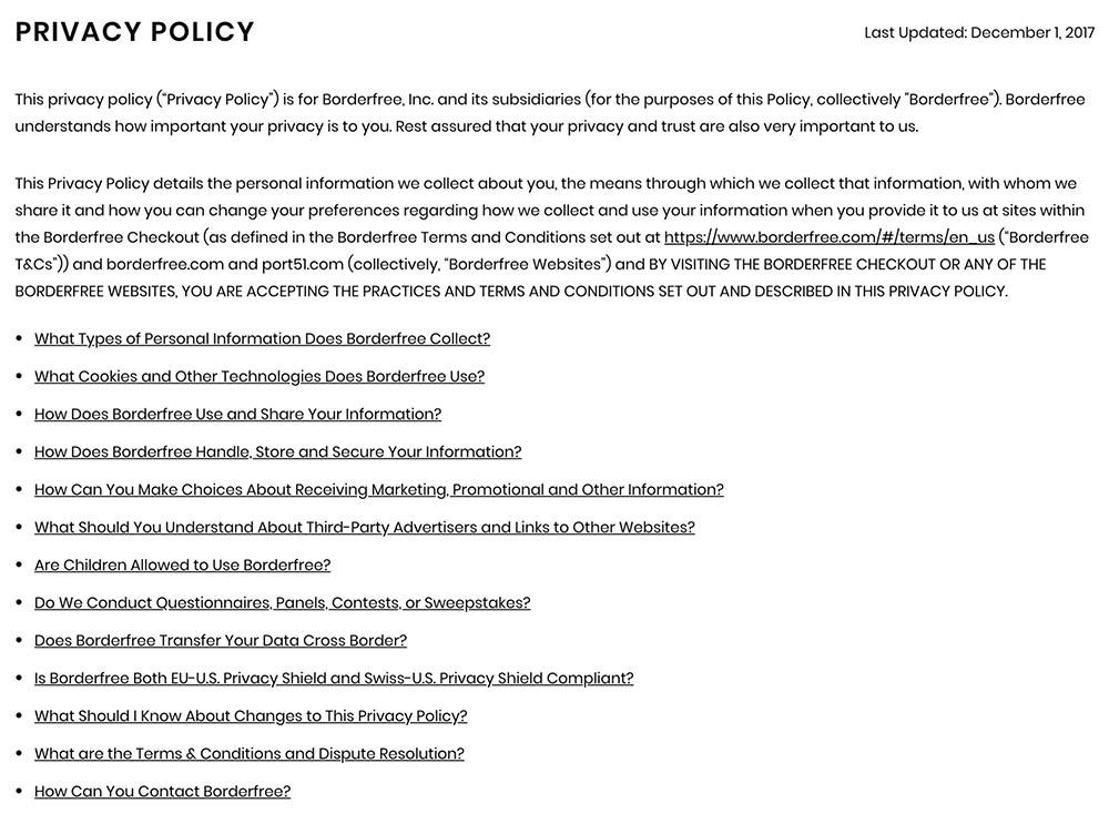 Borderfree Privacy Policy table of contents/summary of points