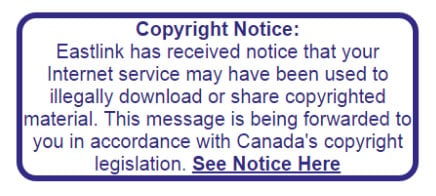 Example of a Canada copyright infringement notice from an ISP