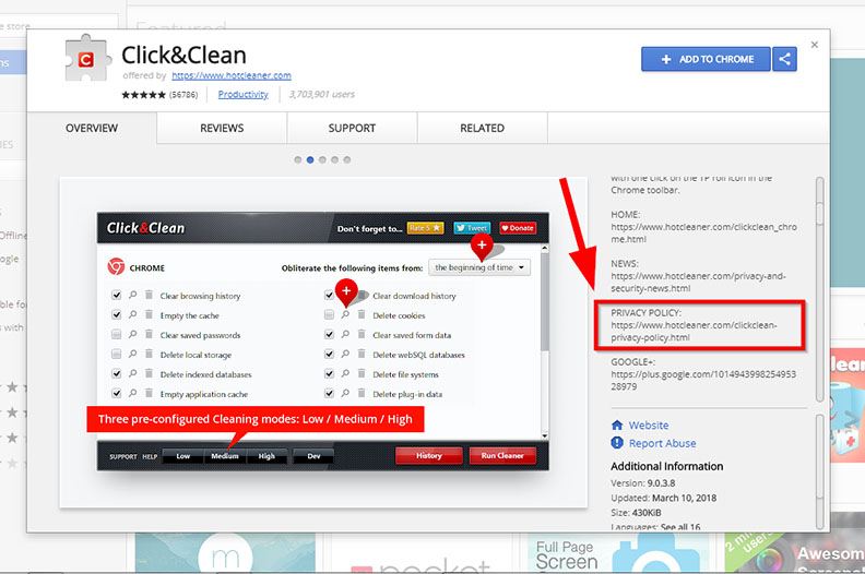 Click and Clean Chrome Extension showing Privacy Policy link