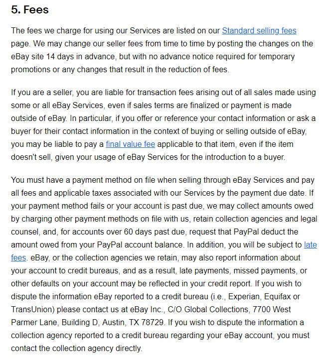 eBay User Agreement: Fees clause