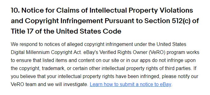 eBay User Agreement: Notice for Claims of Copyright Infringement under DMCA clause