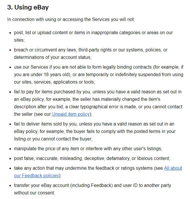 eBay User Agreement: Prohibited use clause