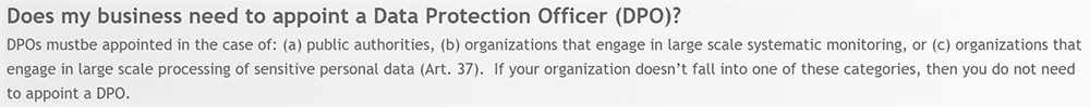 EUGDPR.org FAQ: Does my business need to appoint a Data Protection Officer (DPO)?