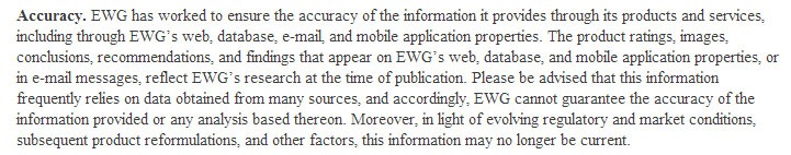 EWG Terms, Conditions and User Agreement: Accuracy legal disclaimer