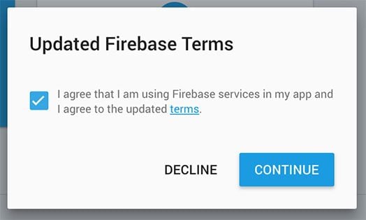 Firebase's Updated Terms notification using clickwrap - box checked