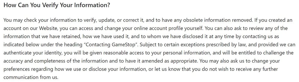 GameStop Privacy Policy: How Can You Verify Your Information clause