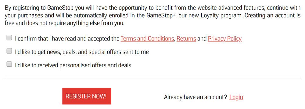 GameStop Register Account form using clickwrap checkboxes for opt-in and opt-out options
