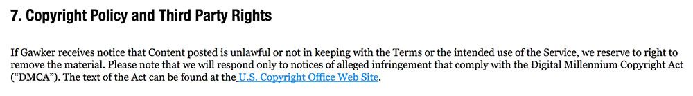 Gawker Terms of Service: Copyright Policy and Third Party Rights clause