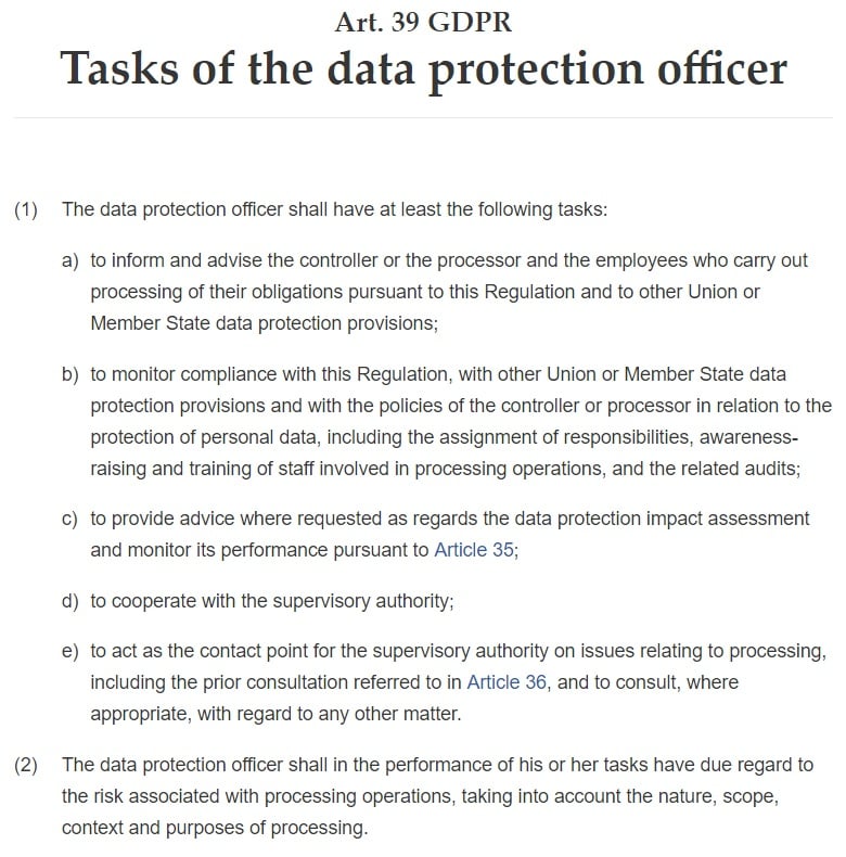 GDPR Article 39: Tasks of the Data Protection Officer