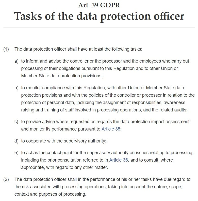 GDPR Article 39: Tasks of the Data Protection Officer