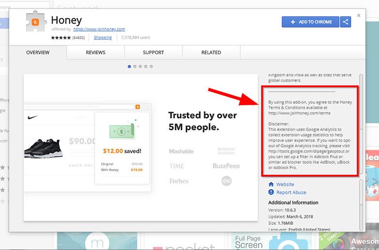 Honey Chrome Extension showing Terms and Conditions link