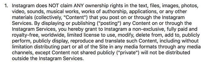 Instagram Terms of Use clause discussing ownership of user-generated content