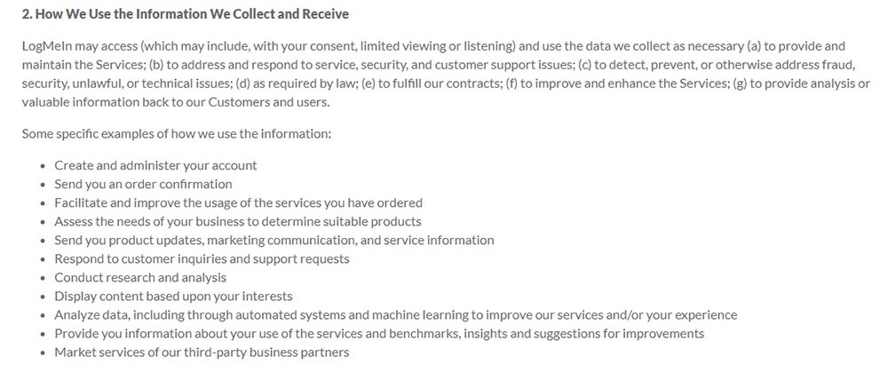 LogMeIn Privacy Policy: How We Use the Information We Collect and Receive clause